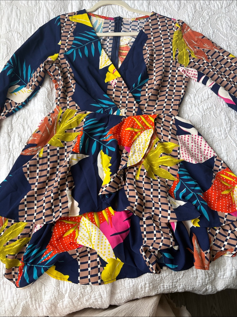 Navy Floral Tropical Wrap Dress with Ruffle Skirt